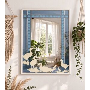 Vintage Large Duck Mirror Etched Hearts Blue White FramedHanging Granny 23x28"